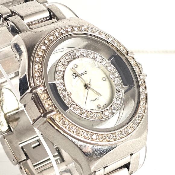 Geneva Quartz Watch Silver Tone 40mm Crystal Bezel Japan Movt New Battery - Picture 7 of 14